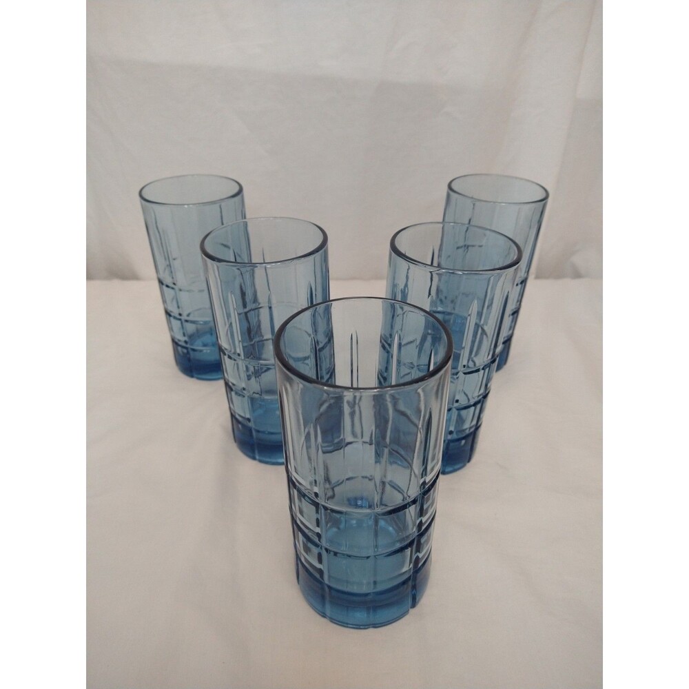 Set of 5 Vintage Anchor Hocking Manchester Tartan Denim Blue Glass Tumblers